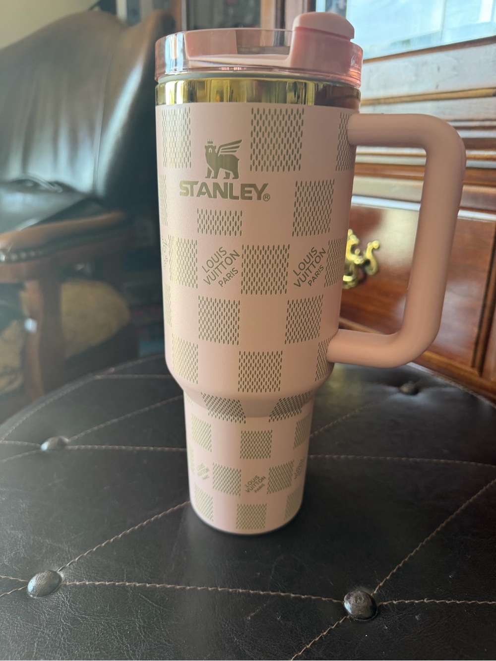 Stanley Pink and Gold LV Checkered Travel Mug with Handle